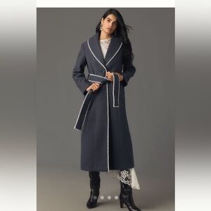 Anthropologie Avec Les Filles Blanket-Stitch Belted Shawl-Collar Coat